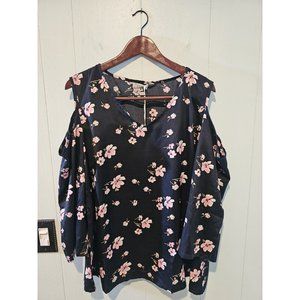 Tamsy Black Crepe Cold Shoulder Long Sleeve Sz XL Loose Fit Top New With Tag